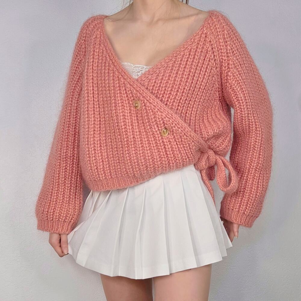Vintage Chunky Knit Wrap Wool Cardigan Tie Waist Coquette Pink Made in Korea